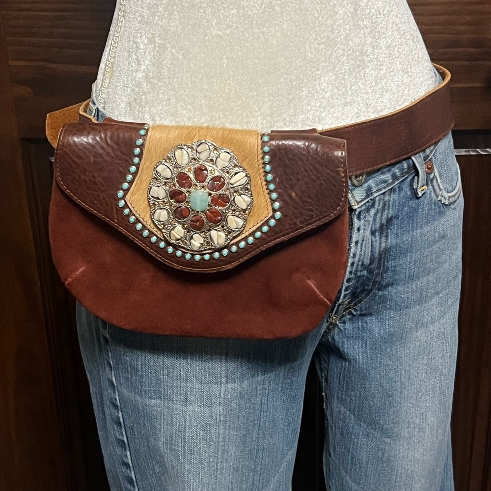 Romag brown leather/stone detail belt bag/clutch